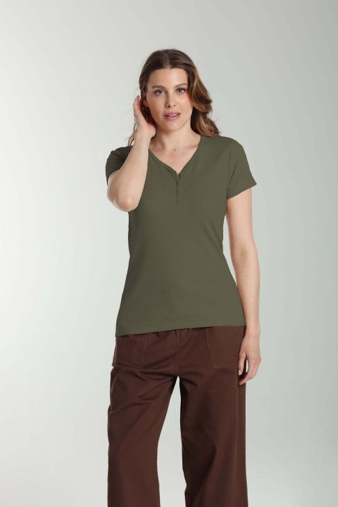 Tee shirt cotele manches courtes femme Drew Kaki