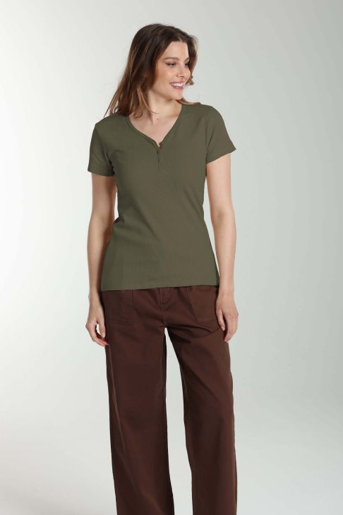 Tee shirt cotele manches courtes femme Drew Kaki