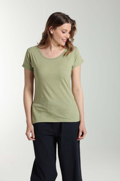 Tee shirt col rond manches courtes femme Marine Vert Sauge(Kaki)