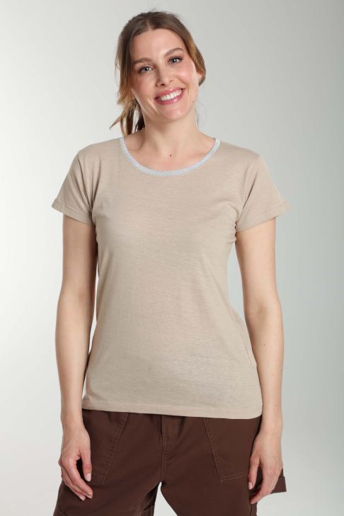 Tee shirt col rond lurex manches courtes femme Tee Summer Taupe Clair