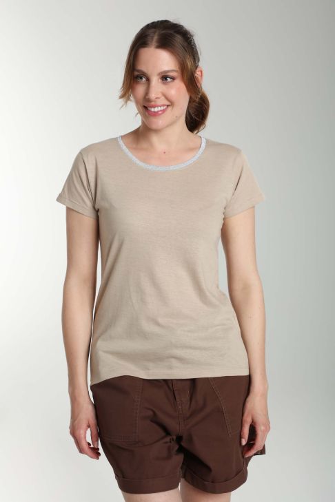Tee shirt col rond lurex manches courtes femme Tee Summer Taupe Clair
