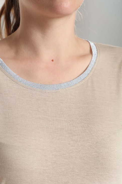 Tee shirt col rond lurex manches courtes femme Tee Summer Taupe Clair