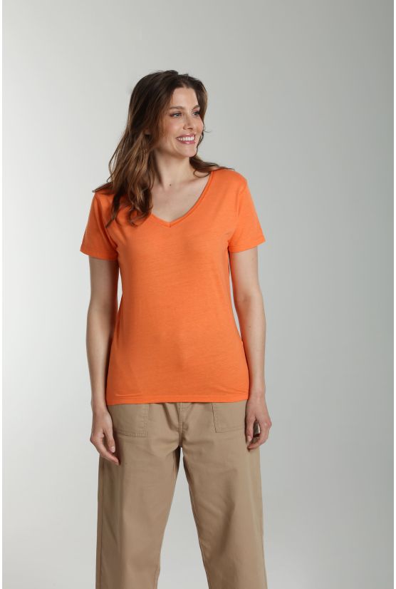 Tee shirt col v manches courtes femme Maddy Corail Rose(Orange) Gérard Pasquier