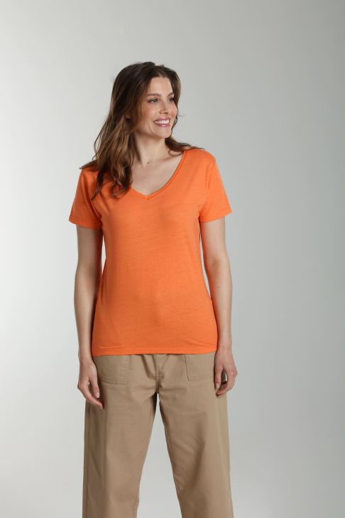 Tee shirt col v manches courtes femme Maddy Corail Rose(Orange)