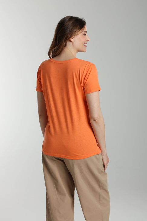Tee shirt col v manches courtes femme Maddy Corail Rose(Orange)