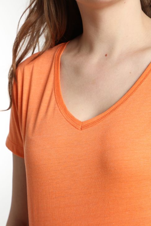 Tee shirt col v manches courtes femme Maddy Corail Rose(Orange)