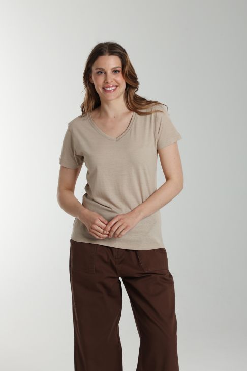 Tee shirt col v manches courtes femme Maddy Taupe Clair