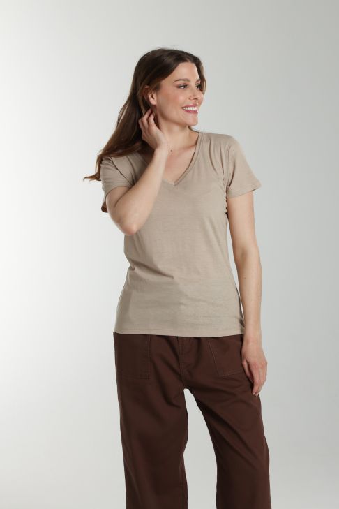 Tee shirt col v manches courtes femme Maddy Taupe Clair