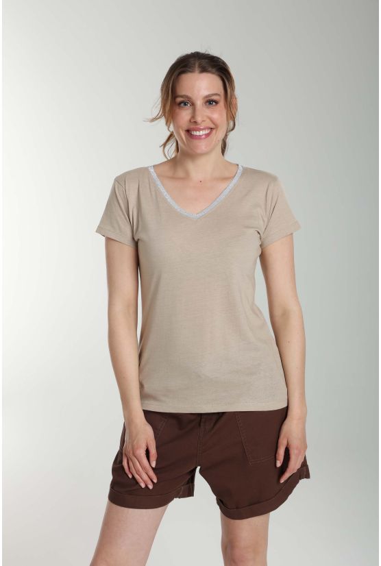 Tee shirt col v lurex manches courtes femme Tee Sun Taupe Clair Gérard Pasquier