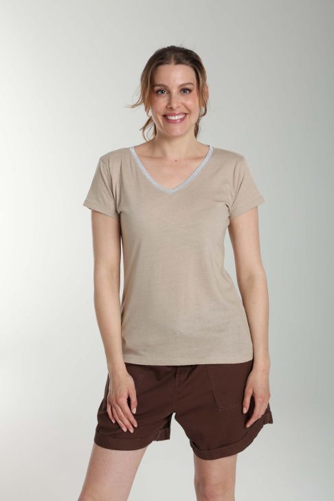 Tee shirt col v lurex manches courtes femme Tee Sun Taupe Clair