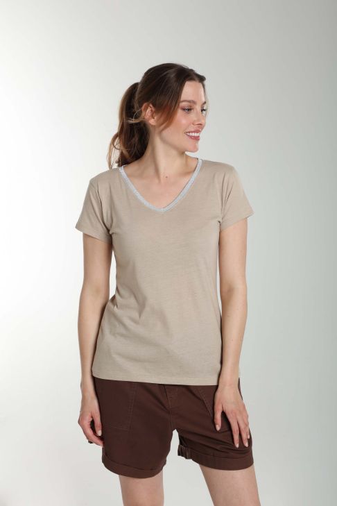 Tee shirt col v lurex manches courtes femme Tee Sun Taupe Clair