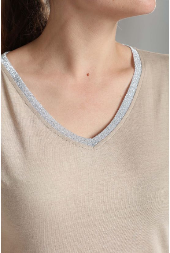 Tee shirt col v lurex manches courtes femme Tee Sun Taupe Clair Gérard Pasquier