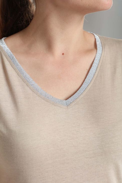 Tee shirt col v lurex manches courtes femme Tee Sun Taupe Clair