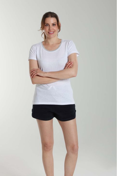 Tee shirt col rond lurex manches courtes femme Tee Summer Blanc