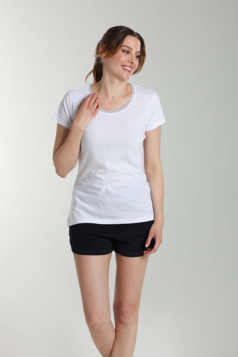 Tee shirt col rond lurex manches courtes femme Tee Summer Blanc