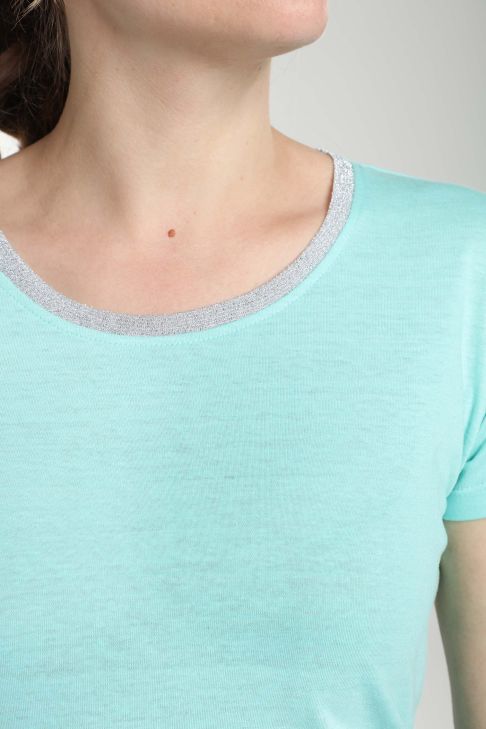 Tee shirt col rond lurex manches courtes femme Tee Summer Carage(Turquoise)